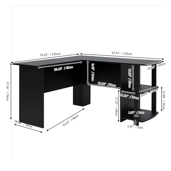 L-Shaped Wood Right-angle Computer Desk with Two-layer Shelves Dark Brown