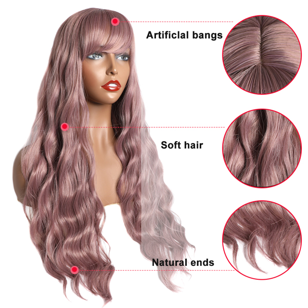Long Wavy Wig With Air Bangs Silky Full Heat Resistant Synthetic Wig for Women - Natural Looking Machine Made Grey Pink 26 inch Hair Replacement Wig for Party Cosplay Body Wavy (Pink)