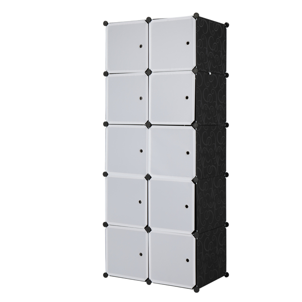 10 Cube Organizer Stackable Plastic Cube Storage Shelves Design Multifunctional Modular Closet Cabinet with Hanging Rod White Doors and Black Panels