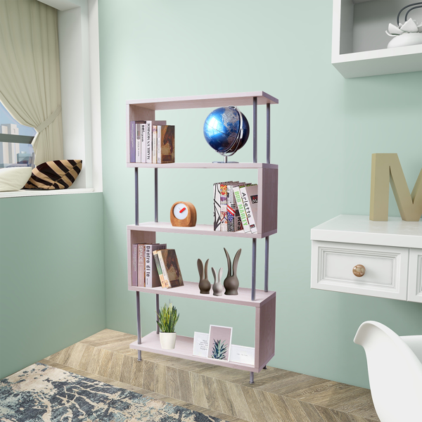S-Shaped 5 Shelf Bookcase, Wooden Z Shaped 5-Tier Etagere Bookshelf Stand for Home Office Living Room Decor Books Display (Light Beige)