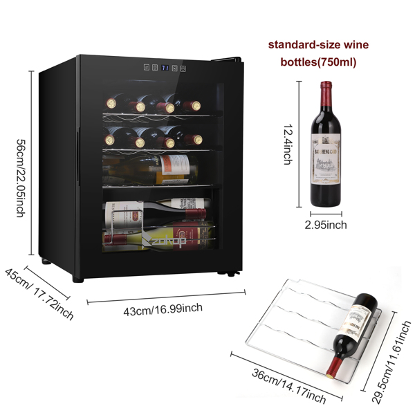 JC-48 115V 85W 1.7cu.ft/49l  Electronic Wine Cabinet Cold Rolled Sheet Transparent Glass Door / 16Bottle with Display Black