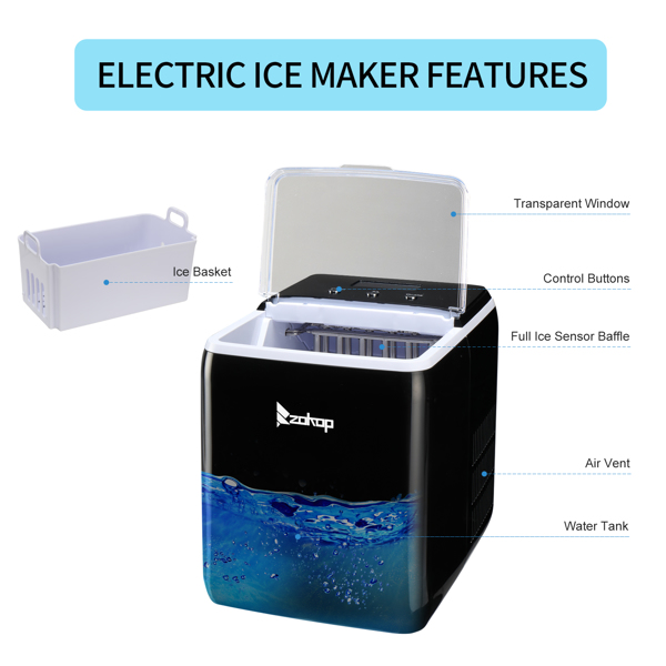 120V 150W 44lbs/20kg/24h Ice Maker Black Plastic Transparent Cover/Display Commercial/Household