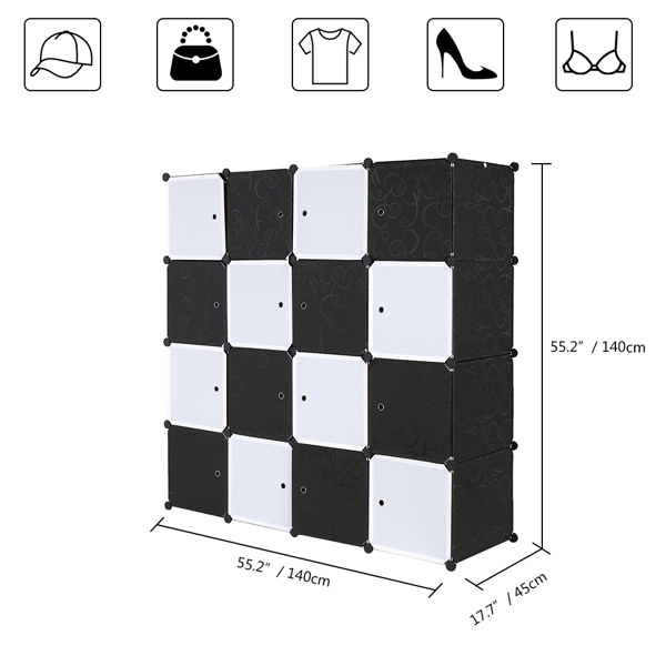 16 Cube Organizer Stackable Plastic Cube Storage Shelves Design Multifunctional Modular Closet Cabinet with Hanging Rod Black and White