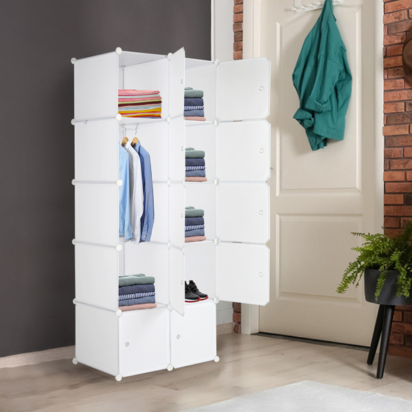 10 Cube Organizer Stackable Plastic Cube Storage Shelves Design Multifunctional Modular Closet Cabinet with Hanging Rod White