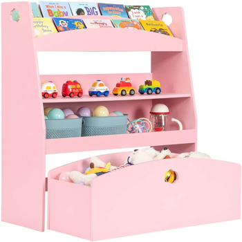 Kids Toy Storage and Bookshelf, 4 Shelves and One Large Rolling Bin w/Wheels, Children\\'s Toy and Book Organizer Cabinet Unit for Playroom, Reading Nook, Toddler\\'s Room, Nursery, Pink