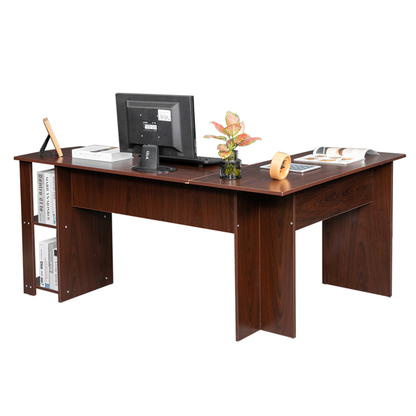 L-Shaped Wood Right-angle Computer Desk with Two-layer Shelves Dark Brown