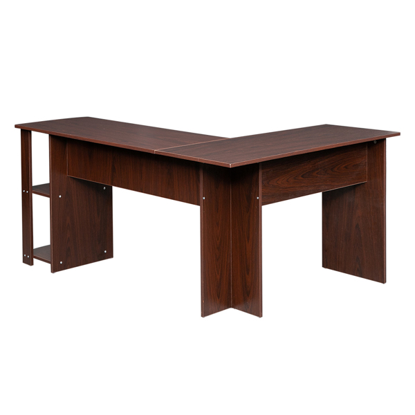 L-Shaped Wood Right-angle Computer Desk with Two-layer Shelves Dark Brown