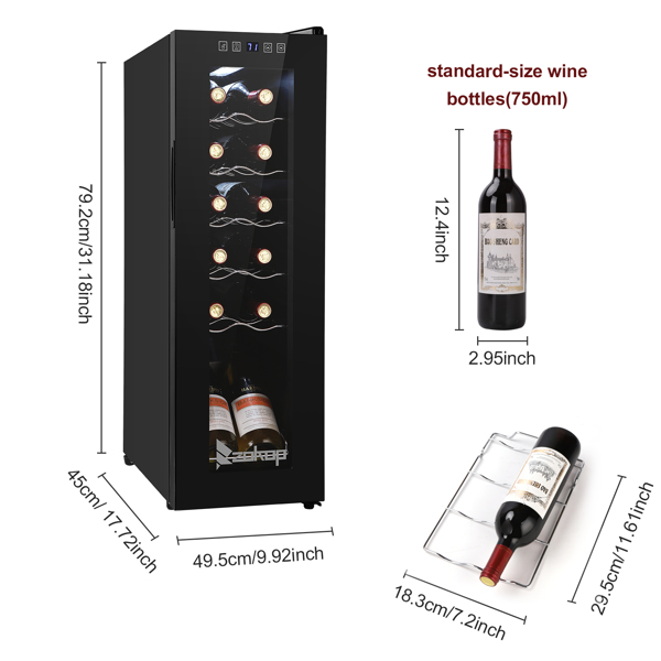 JC-34 115V 85W 1.2cu.ft/34l  Electronic Wine Cabinet Cold Rolled Sheet Transparent Glass Door / 12Bottle with Display Black