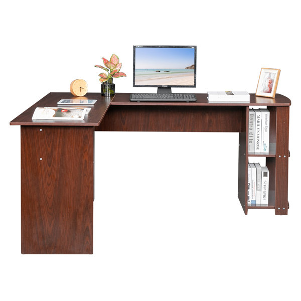 L-Shaped Wood Right-angle Computer Desk with Two-layer Shelves Dark Brown