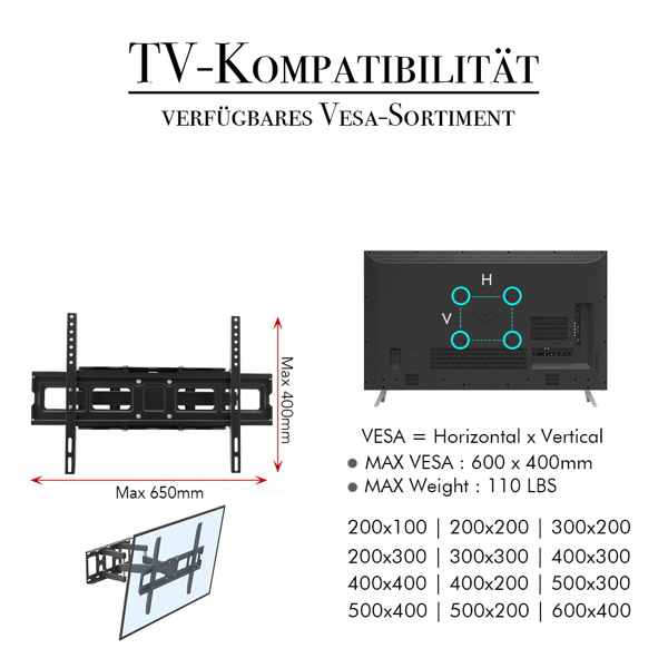 TMDS-204 32"-70" 110Lbs VESA600*400 Full Motion TV Wall Mount Tilt Range 0-15°
