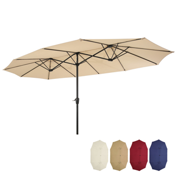 15x9ft Large Double-Sided Rectangular Outdoor Steel Twin Patio Market Umbrella w/Crank- tan [Weekend can not be shipped, order with caution]