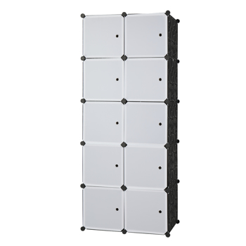 10 Cube Organizer Stackable Plastic Cube Storage Shelves Design Multifunctional Modular Closet Cabinet with Hanging Rod White Doors and Black Panels