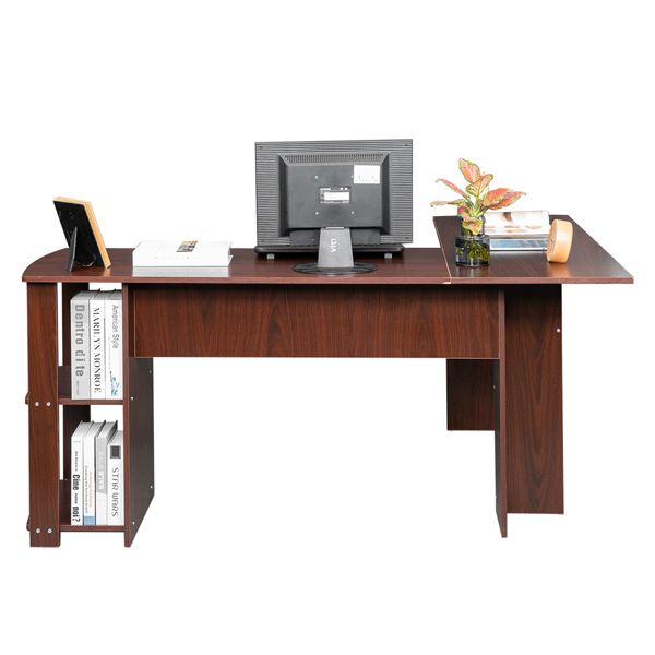 L-Shaped Wood Right-angle Computer Desk with Two-layer Shelves Dark Brown