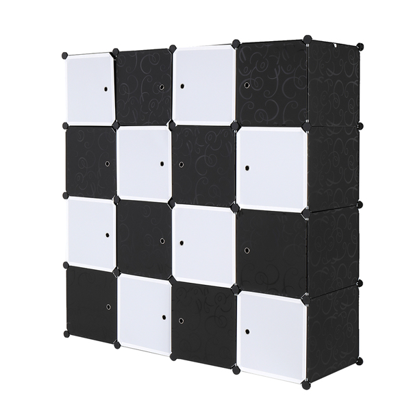16 Cube Organizer Stackable Plastic Cube Storage Shelves Design Multifunctional Modular Closet Cabinet with Hanging Rod Black and White