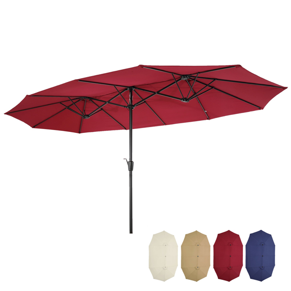 15x9ft Large Double-Sided Rectangular Outdoor Steel Twin Patio Market Umbrella w/Crank-Burgundy [Sale to Temu is Banned.Weekend can not be shipped, order with caution]