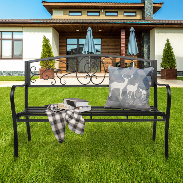 51" Patio Park Garden Outdoor Bench Patio Porch Chair Deck Iron Frame Black