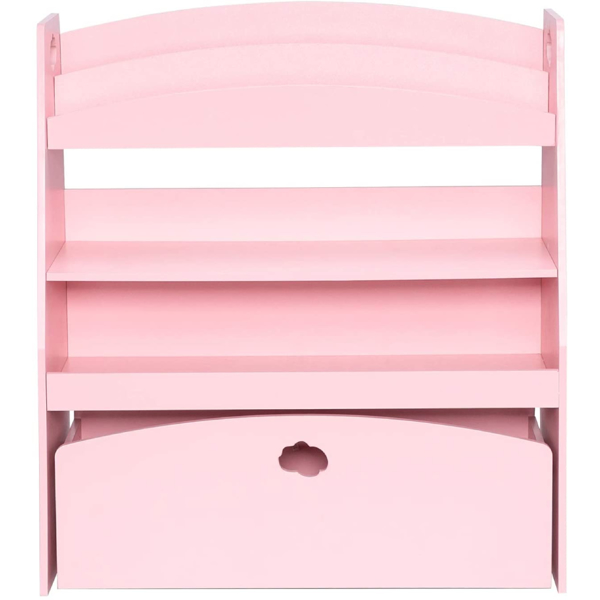 Kids Toy Storage and Bookshelf, 4 Shelves and One Large Rolling Bin w/Wheels, Children's Toy and Book Organizer Cabinet Unit for Playroom, Reading Nook, Toddler's Room, Nursery, Pink