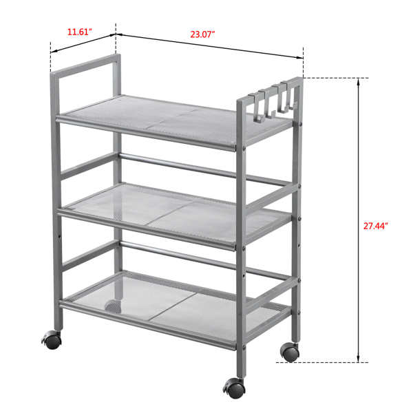  3-Shelf Mesh Iron Shelving Unit with Casters for Home Kitchen Office Grey