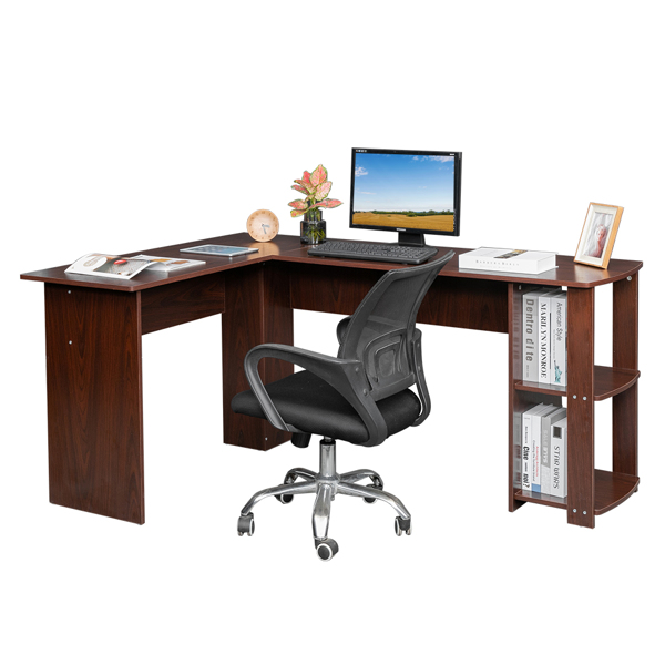 L-Shaped Wood Right-angle Computer Desk with Two-layer Shelves Dark Brown