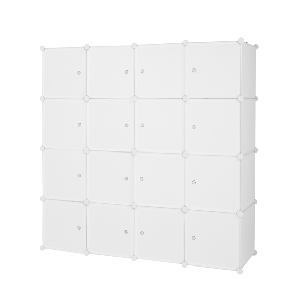16 Cube Organizer Stackable Plastic Cube Storage Shelves Design Multifunctional Modular Closet Cabinet with Hanging Rod White
