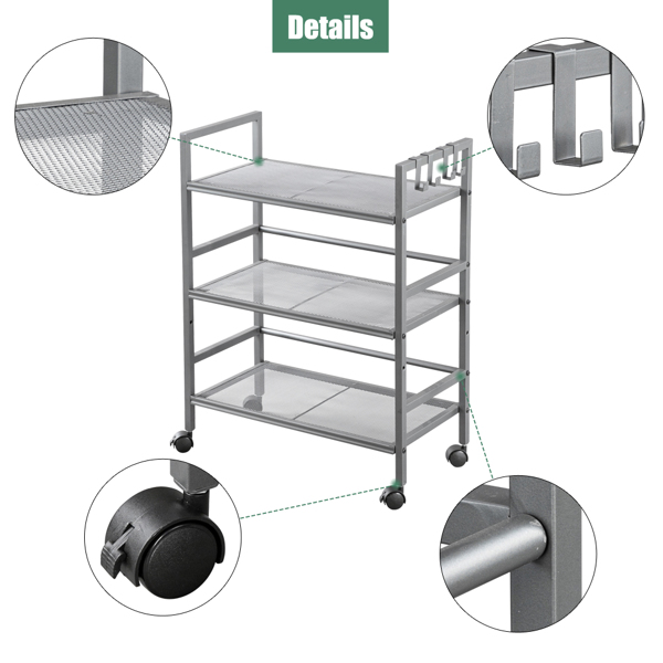  3-Shelf Mesh Iron Shelving Unit with Casters for Home Kitchen Office Grey