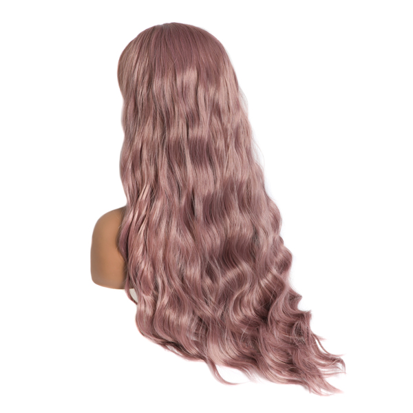 Long Wavy Wig With Air Bangs Silky Full Heat Resistant Synthetic Wig for Women - Natural Looking Machine Made Grey Pink 26 inch Hair Replacement Wig for Party Cosplay Body Wavy (Pink)