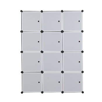 12 Cube Organizer Stackable Plastic Cube Storage Shelves Design Multifunctional Modular Closet Cabinet with Hanging Rod White Doors and Black Panels