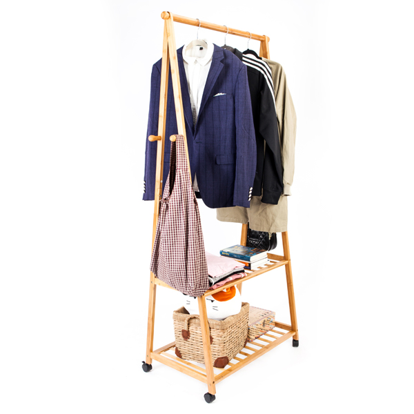 2-layer Portable Practical Storage Clothes Hanger with Wheel Wood Color