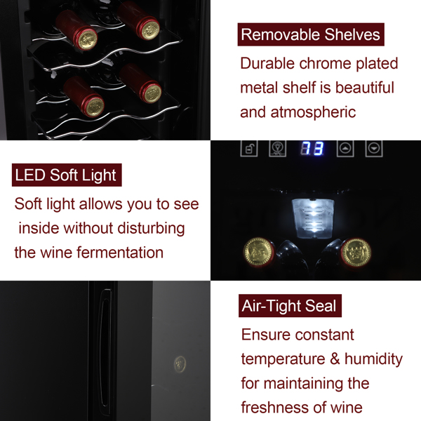 JC-34 115V 85W 1.2cu.ft/34l  Electronic Wine Cabinet Cold Rolled Sheet Transparent Glass Door / 12Bottle with Display Black