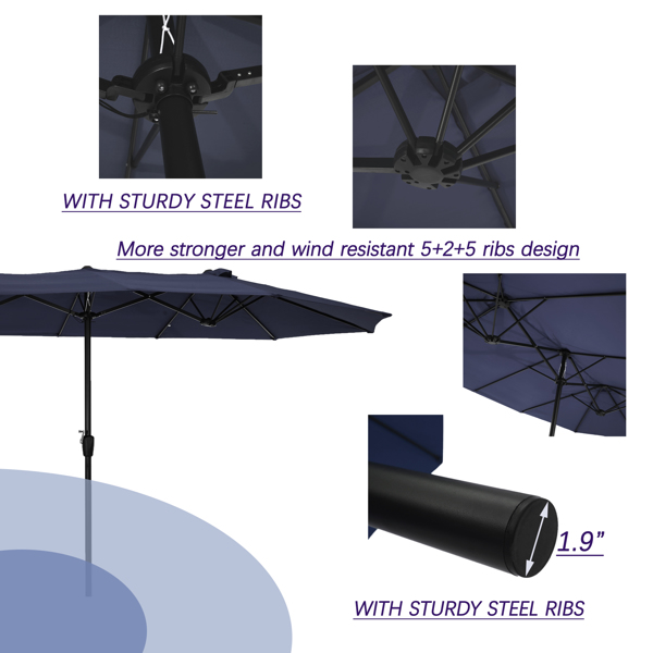 15x9ft Large Double-Sided Rectangular Outdoor Twin Patio Market Umbrella w/Crank-Blue