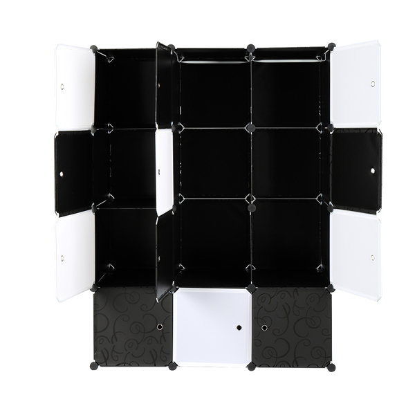 12 Cube Organizer Stackable Plastic Cube Storage Shelves Design Multifunctional Modular Closet Cabinet with Hanging Rod Black and White