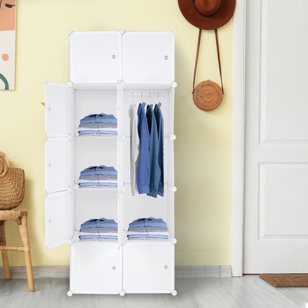 10 Cube Organizer Stackable Plastic Cube Storage Shelves Design Multifunctional Modular Closet Cabinet with Hanging Rod White