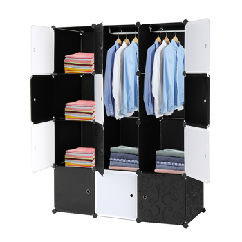 12 Cube Organizer Stackable Plastic Cube Storage Shelves Design Multifunctional Modular Closet Cabinet with Hanging Rod Black and White