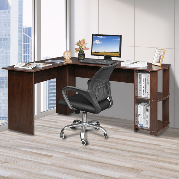 L-Shaped Wood Right-angle Computer Desk with Two-layer Shelves Dark Brown