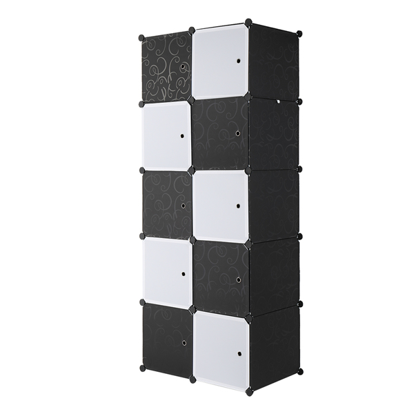 10 Cube Organizer Stackable Plastic Cube Storage Shelves Design Multifunctional Modular Closet Cabinet with Hanging Rod， Black and White