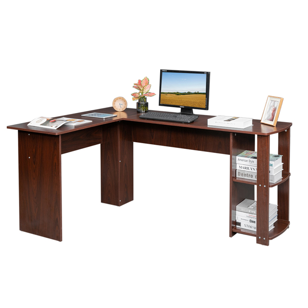 L-Shaped Wood Right-angle Computer Desk with Two-layer Shelves Dark Brown