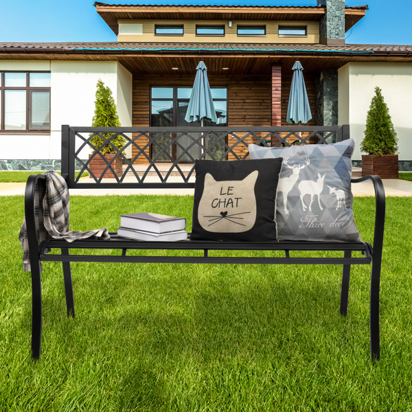 47" Patio Park Garden Bench Porch Path Chair Outdoor Deck Iron Frame Black