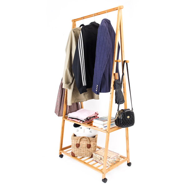 2-layer Portable Practical Storage Clothes Hanger with Wheel Wood Color