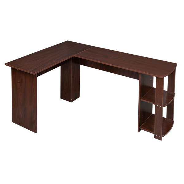 L-Shaped Wood Right-angle Computer Desk with Two-layer Shelves Dark Brown