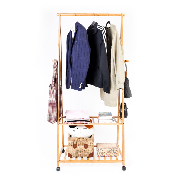 2-layer Portable Practical Storage Clothes Hanger with Wheel Wood Color