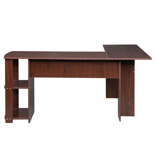 L-Shaped Wood Right-angle Computer Desk with Two-layer Shelves Dark Brown