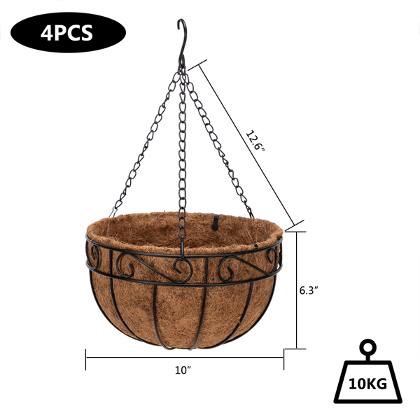 4pcs 10" Black Painted Round Wrought Iron Coconut Palm Hanging Basket