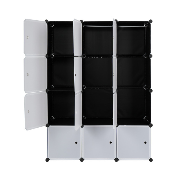 12 Cube Organizer Stackable Plastic Cube Storage Shelves Design Multifunctional Modular Closet Cabinet with Hanging Rod White Doors and Black Panels