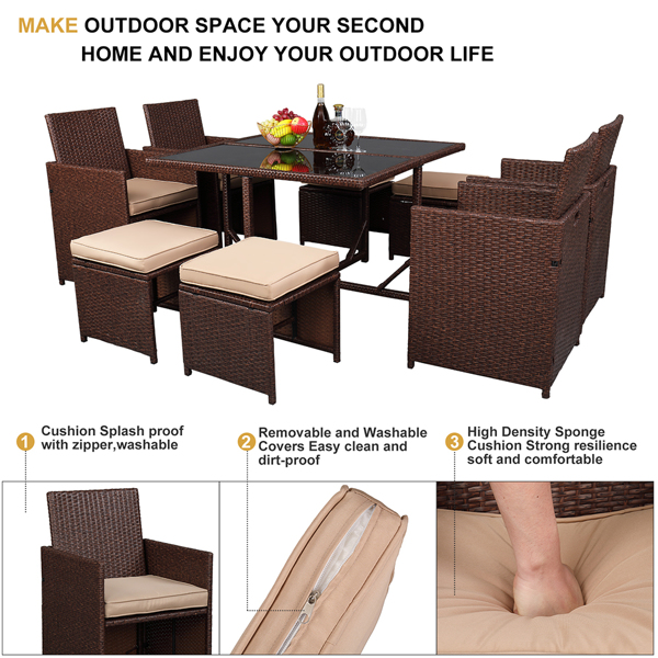 9 Pieces Wood Grain PE Wicker Rattan Dining Ottoman with Tempered Glass Table Patio Furniture Set