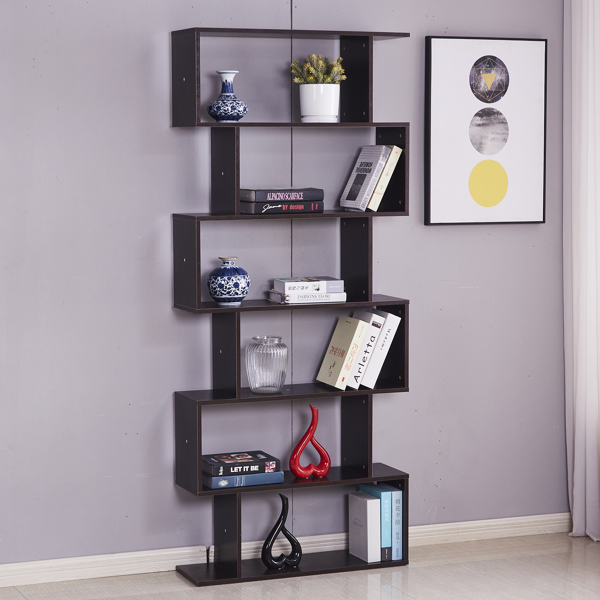 6 Shelf Bookcase, Modern S-Shaped Z-Shelf Style Bookshelf, Multifunctional Wooden Storage Display Stand Shelf Dark Brown