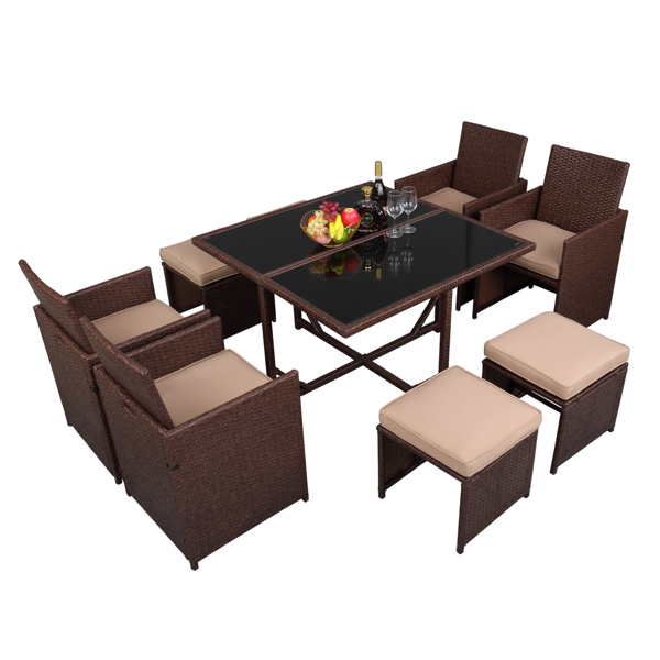 9 Pieces Wood Grain PE Wicker Rattan Dining Ottoman with Tempered Glass Table Patio Furniture Set