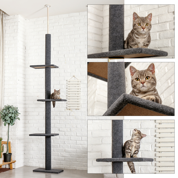 Three Tier Floor-to-Ceiling Cat Tree Cat Climbing Tree 9 Feet Grey