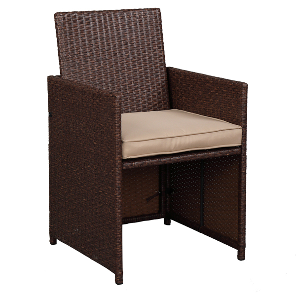 9 Pieces Wood Grain PE Wicker Rattan Dining Ottoman with Tempered Glass Table Patio Furniture Set