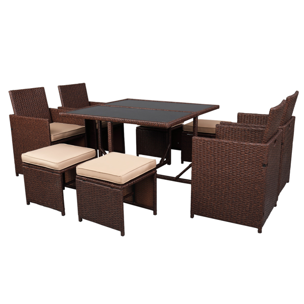 9 Pieces Wood Grain PE Wicker Rattan Dining Ottoman with Tempered Glass Table Patio Furniture Set