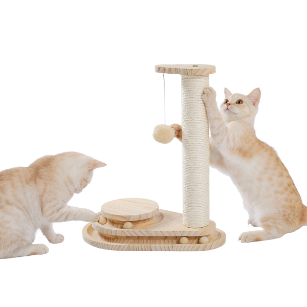 Wooden Cat Scratcher Toy Cat Tracks Teardrop Interactive Track Ball Turntable with Scratching Post and Dangling Ball for Cat